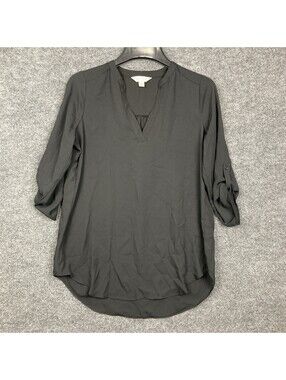 Decree Womens Size Small Black Sheer 3/4 Roll Tab Sleeve V-Neck Blouse Top EUC